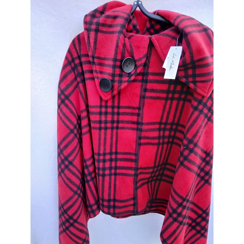 Le Moda Plaid Poncho Women One Size Red New Hooded Button Fleece Wrap